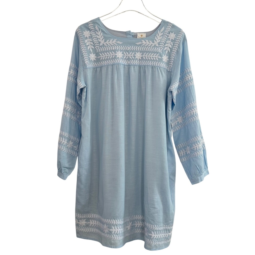 J. Marie The Katie Dress Women Small Blue Embroidered‎ Long Sleeve Coastal Boho